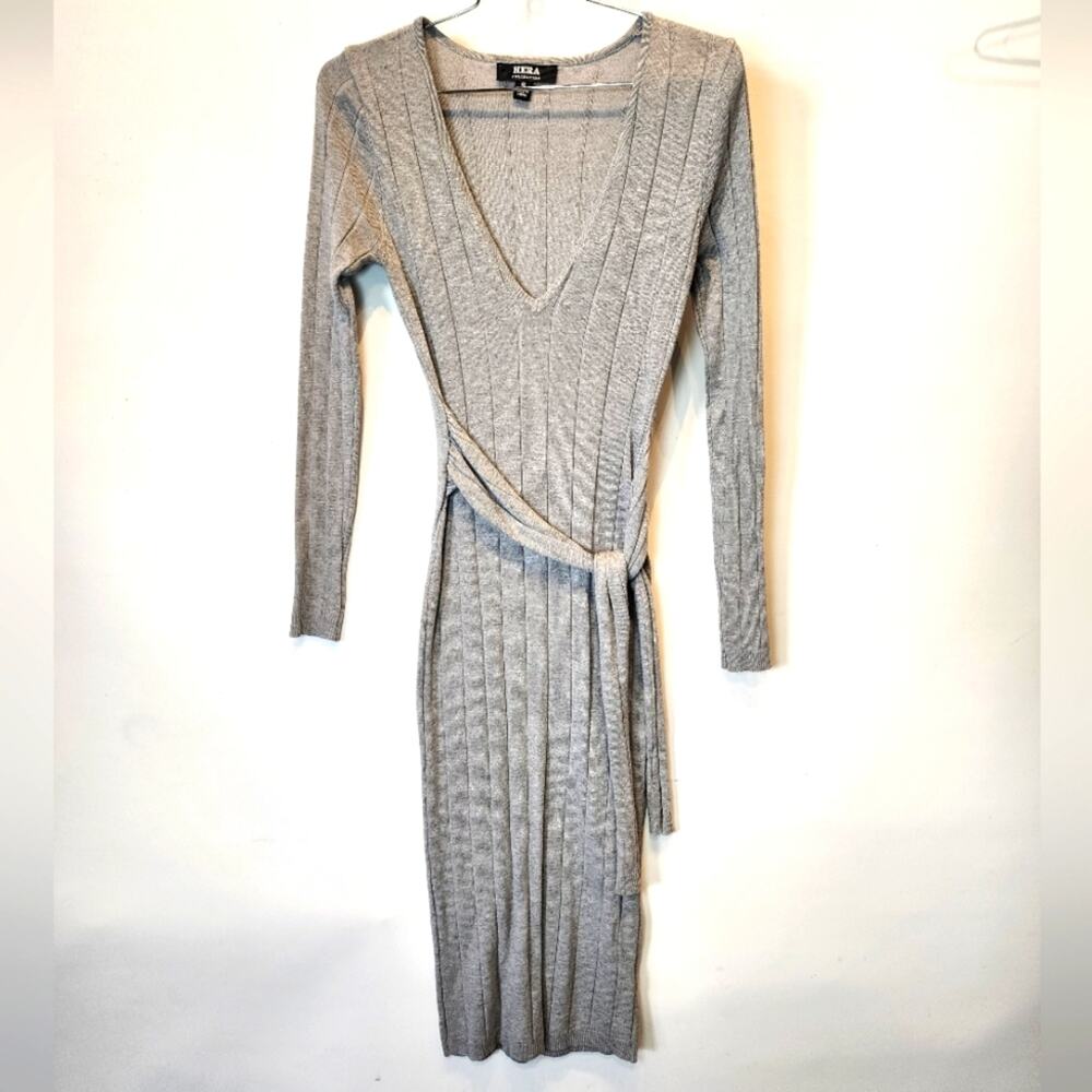 Hera‎ Gray Knit Dress Bodycon Wrap Waist Size S